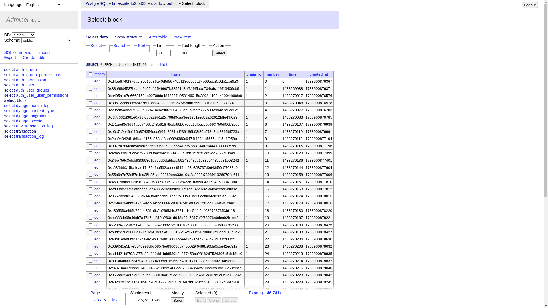 TimescaleDB Block Data Table (Adminer Database Management)